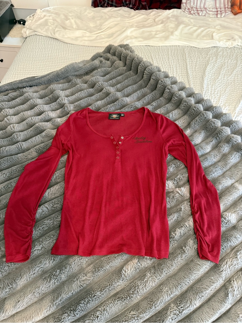 Harley-Davidson Women's Red Long-Sleeve Henley with Embroidered Logo